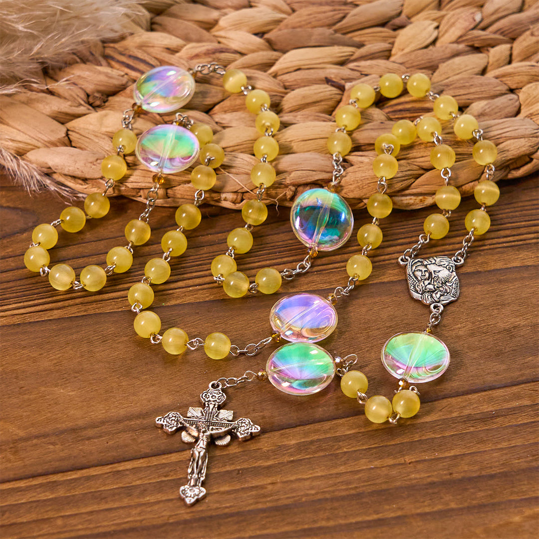 Christianartworkshop Rosario cattolico unico con perline arcobaleno Aurora di grandi dimensioni e medaglia della Sacra Famiglia - Sacra Famiglia e Crocifisso - image 0