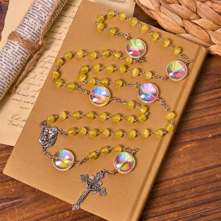 Christianartworkshop Rosario cattolico unico con perline arcobaleno Aurora di grandi dimensioni e medaglia della Sacra Famiglia - image 3