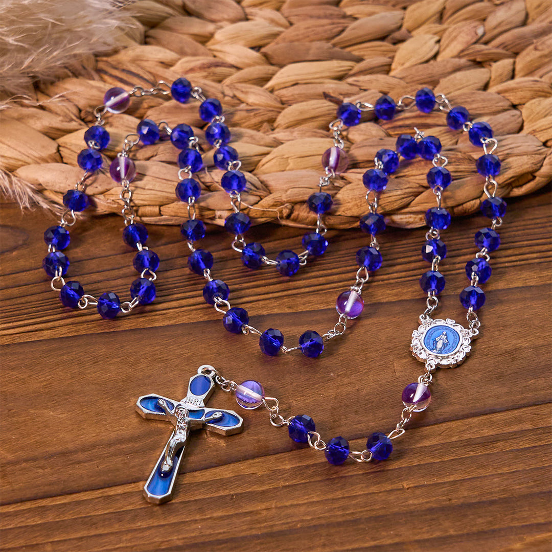 Christianartworkshop Rosario mistico con perline sfaccettate viola e blu e medaglia della Madonna in smalto - Medaglia miracolosa e crocifisso - image 0
