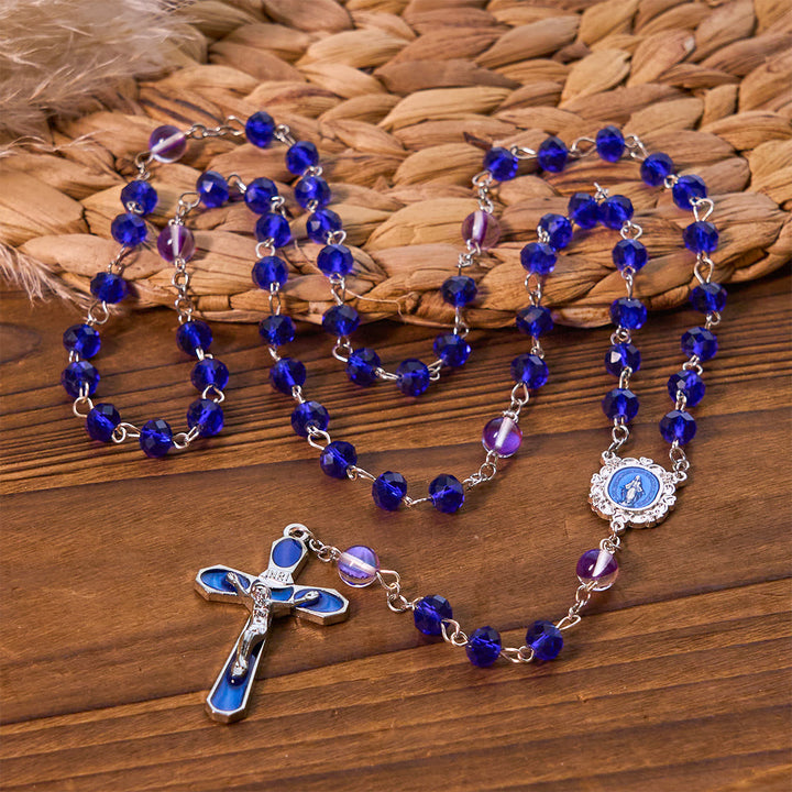 Christianartworkshop Rosario mistico con perline sfaccettate viola e blu e medaglia della Madonna in smalto - Medaglia miracolosa e crocifisso - image 0