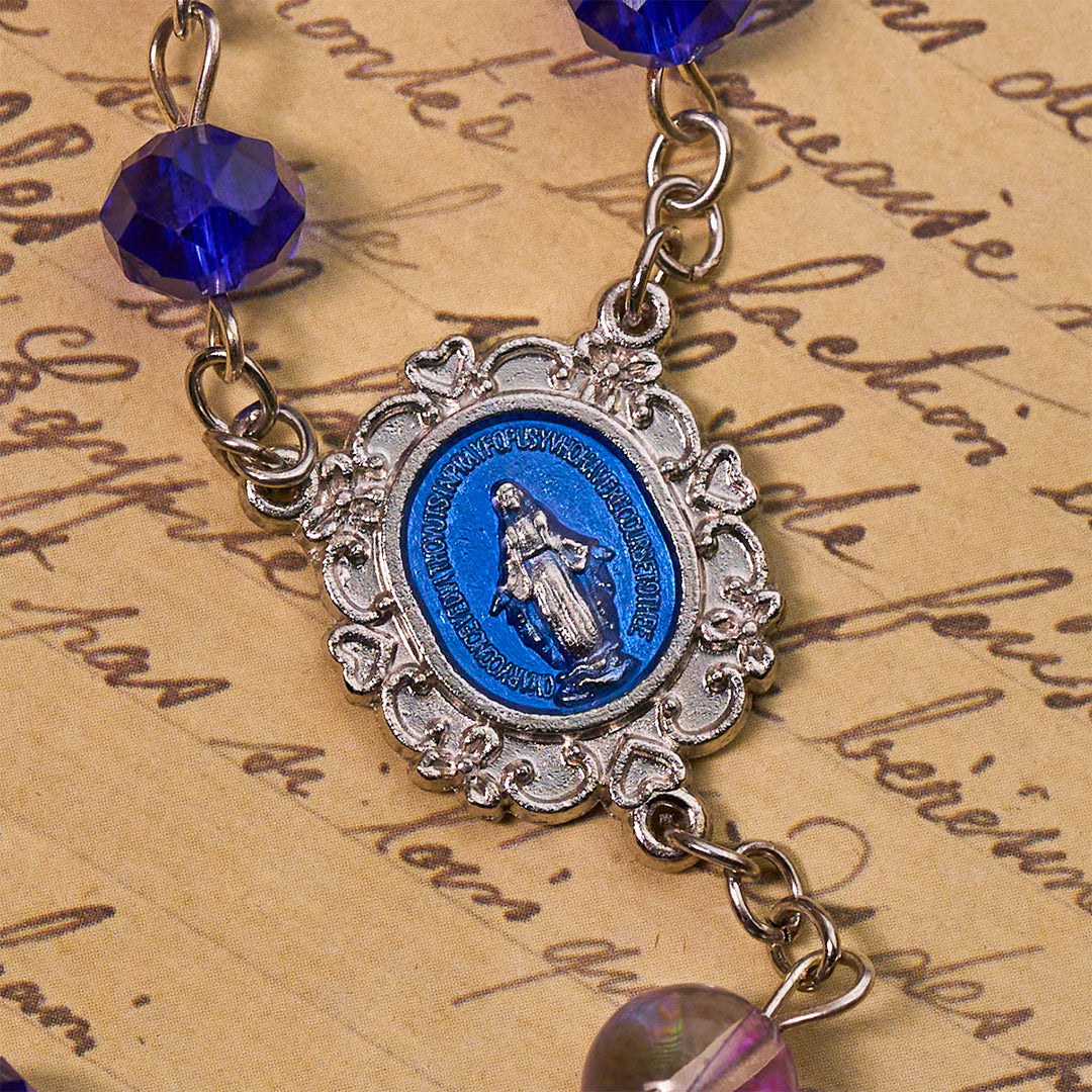 Christianartworkshop Rosario mistico con perline sfaccettate viola e blu e medaglia della Madonna in smalto - image 7