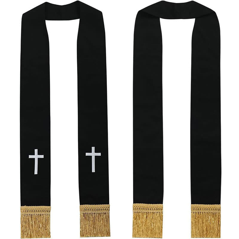 Stola da clero tradizionale multicolore Christianartworkshop : ricamo a croce e dettagli con nappe dorate. - Bianco-2 - Liturgia standard (270 cm totali) - image 1