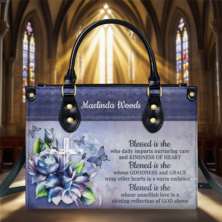 Christianartworkshop Graceful Scripture Blessed is She Borsa a mano personalizzata in pelle nei toni del blu viola - XL - Regolare (non personalizzato) - image 0