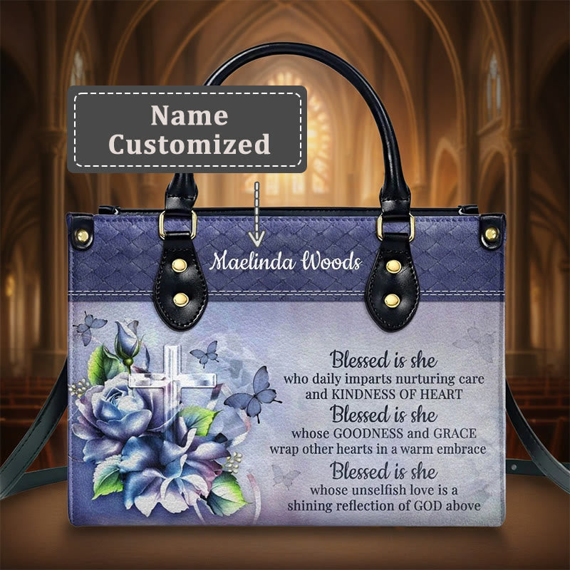 Christianartworkshop Graceful Scripture Blessed is She Borsa a mano personalizzata in pelle nei toni del blu viola - XL - Nome personalizzato - image 4