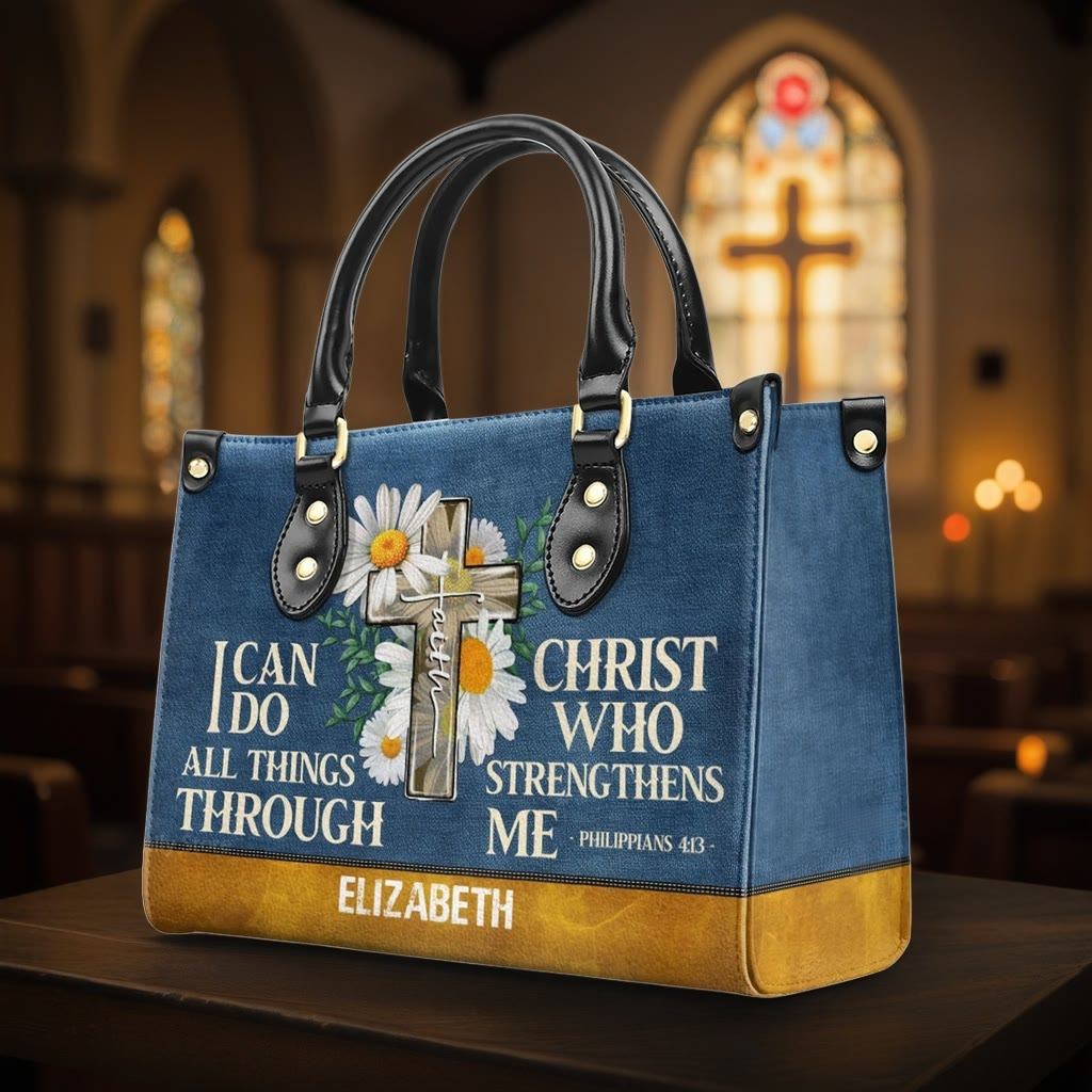 Christianartworkshop Borsa a mano in pelle personalizzata con motivo floreale "Posso fare ogni cosa attraverso Cristo" - XL - Regolare (non personalizzato) - image 0