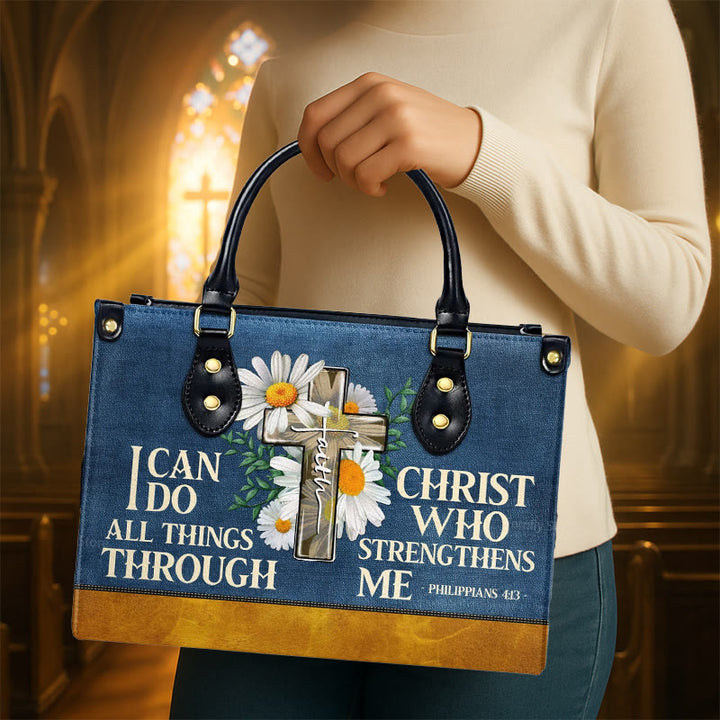 Christianartworkshop Borsa a mano in pelle personalizzata con motivo floreale "Posso fare ogni cosa attraverso Cristo" - image 1