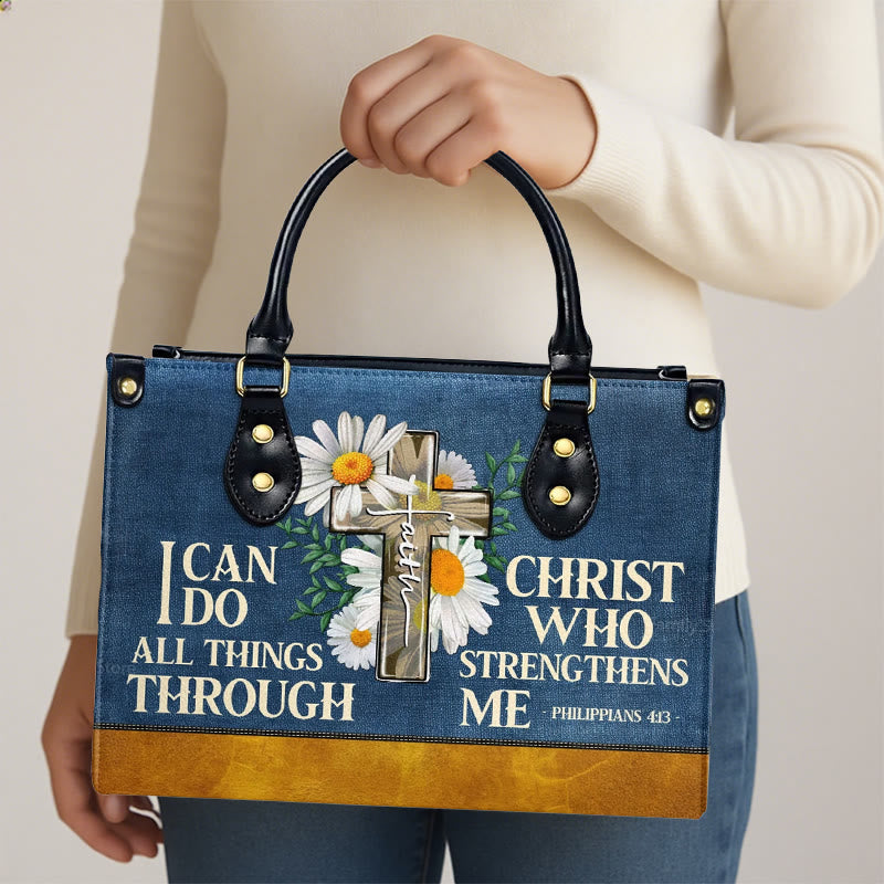 Christianartworkshop Borsa a mano in pelle personalizzata con motivo floreale "Posso fare ogni cosa attraverso Cristo" - image 3