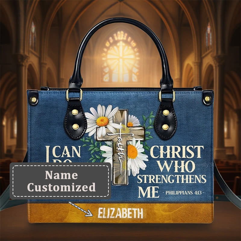 Christianartworkshop Borsa a mano in pelle personalizzata con motivo floreale "Posso fare ogni cosa attraverso Cristo" - XL - Nome personalizzato - image 4