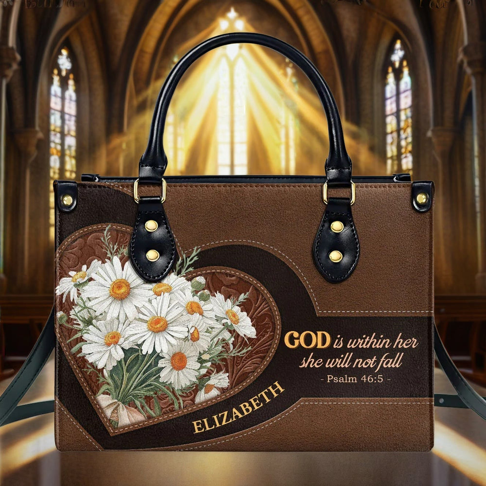 Borsa in pelle personalizzata ispirata al Salmo 46:5 Christianartworkshop con margherite e cuori - image 1
