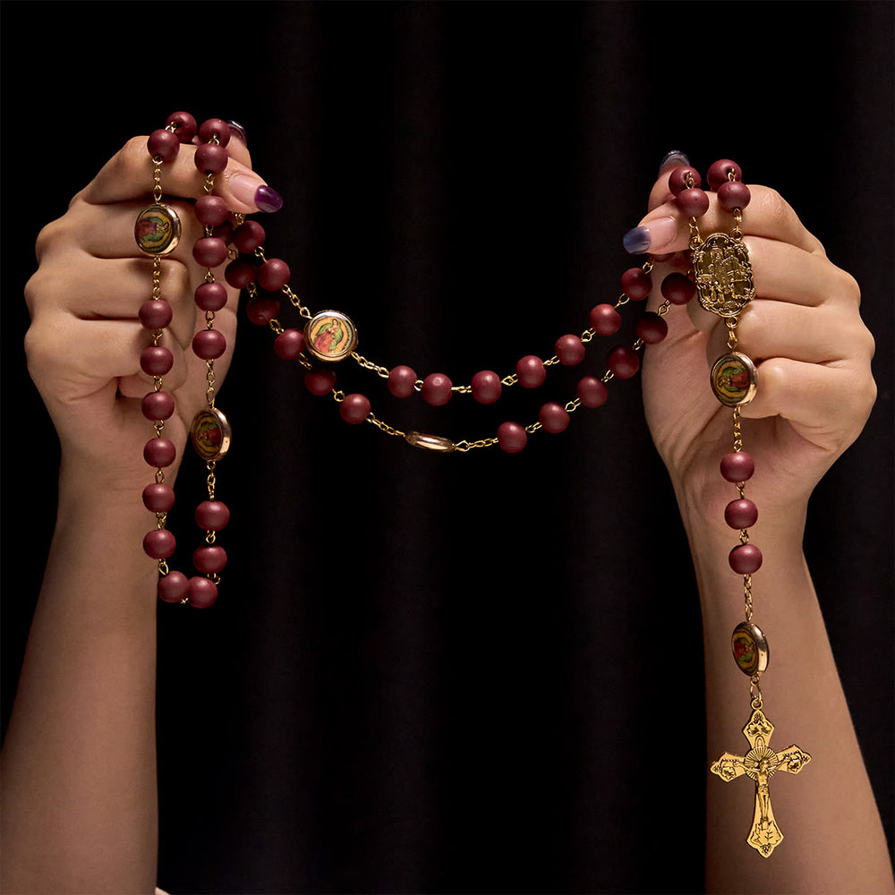 Christianartworkshop Rosario elegante color bordeaux con perla della Madonna di Guadalupe e medaglia di Fatima - image 1