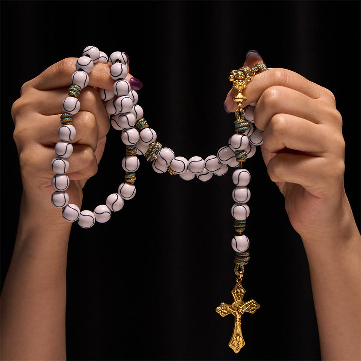 Christianartworkshop Sports - Rosario con palline da tennis centrate, crocifisso e Santo Graal - image 1