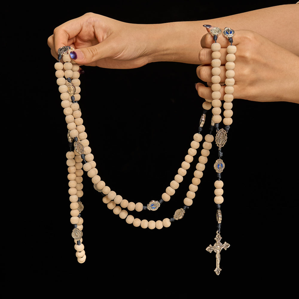 Christianartworkshop Rosario tradizionale da preghiera a quindici decadi con perline in avorio e medaglia miracolosa - image 1