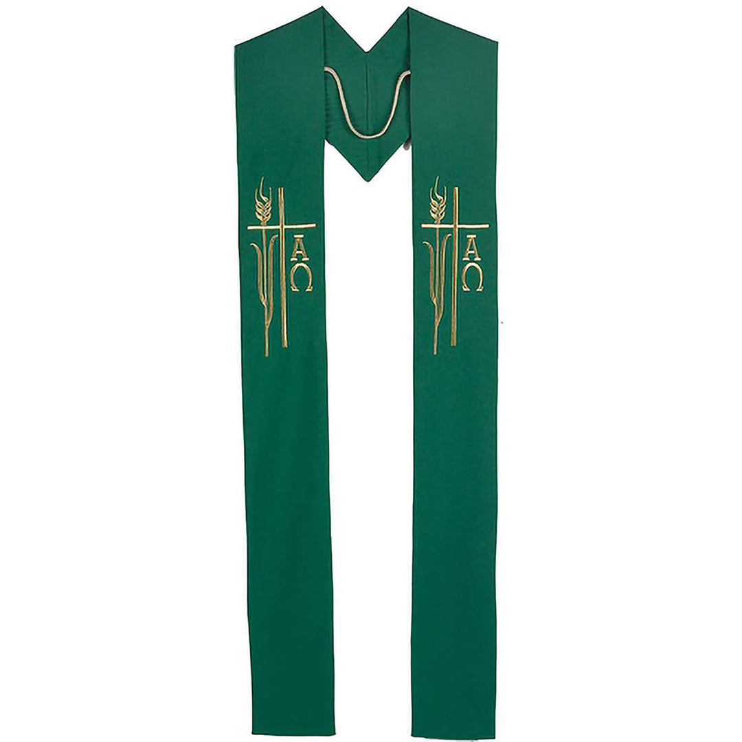 Stola sacra verde per il clero Christianartworkshop con croce dorata, spighe di grano e dettagli Alpha Omega. - Verde - Liturgia standard (270 cm totali) - image 0