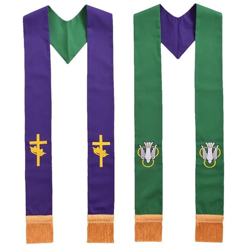 Stola da clero viola e verde Christianartworkshop con croce dorata reversibile e decorazioni dello Spirito Santo. - Viola - Liturgia standard (270 cm totali) - image 0
