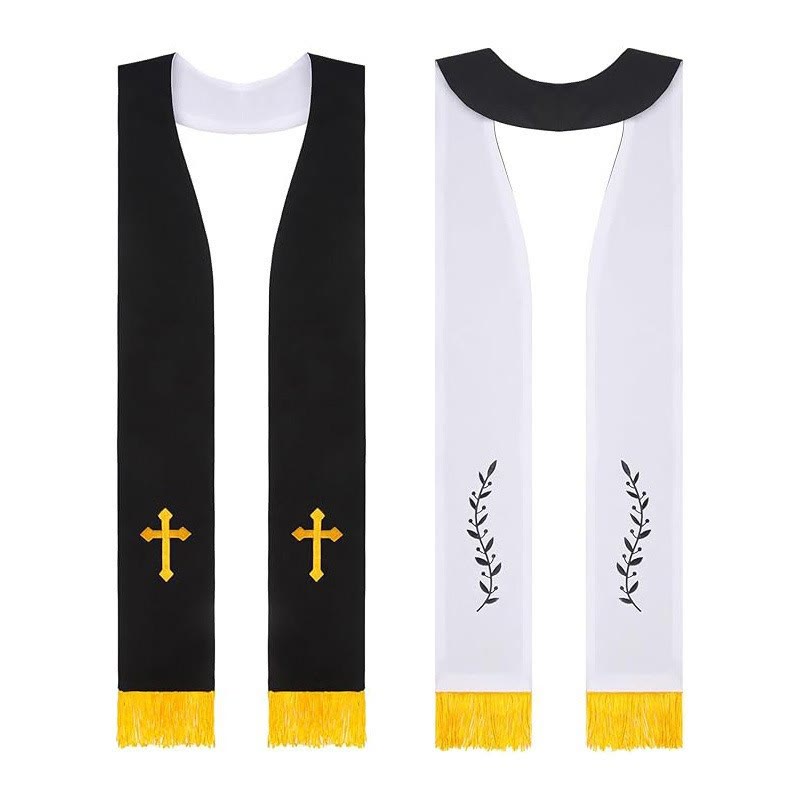 Christianartworkshop Stole da clero nere, bianche e rosse-bianche con croce dorata e motivi di ramo d'ulivo - Nero - Liturgia standard (270 cm totali) - image 0