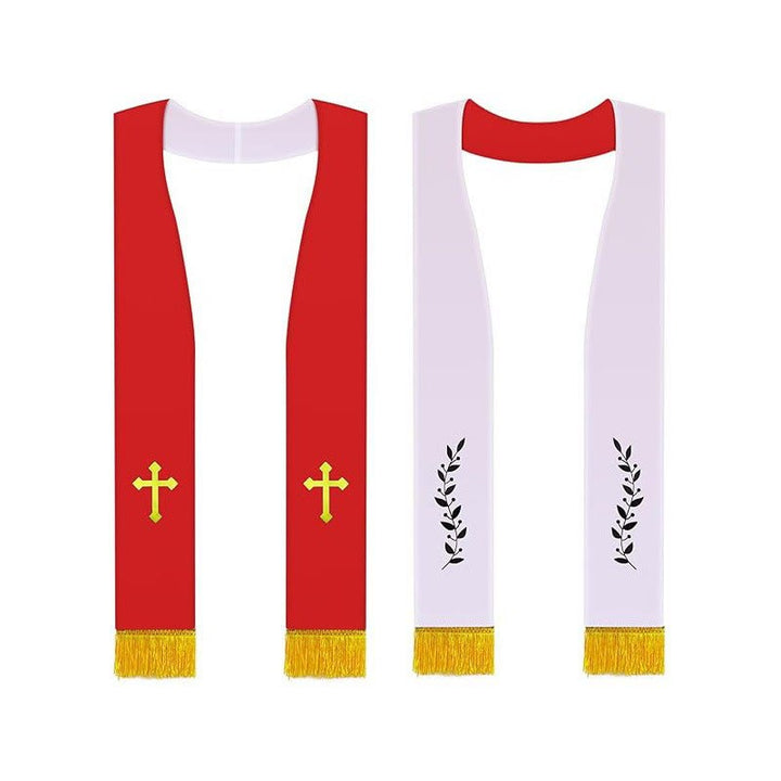 Christianartworkshop Stole da clero nere, bianche e rosse-bianche con croce dorata e motivi di ramo d'ulivo - Rosso - Liturgia standard (270 cm totali) - image 1