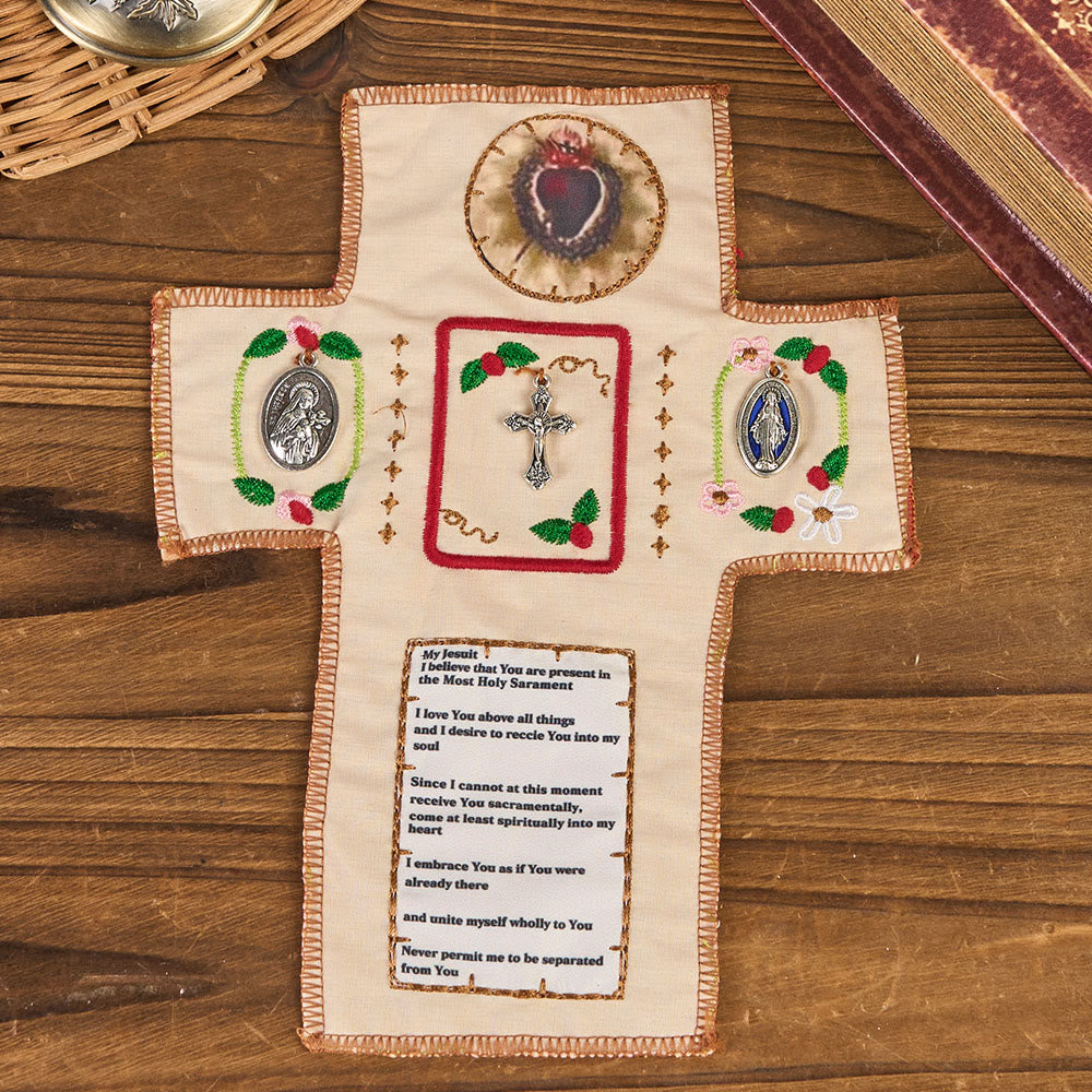 Christianartworkshop Reliquiario tascabile in tessuto ricamato in stile classico con croce d'argento inclusa all'interno - Santuario tascabile - image 0