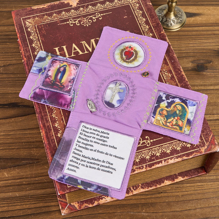 Christianartworkshop Reliquiario tascabile in tessuto ricamato a 4 colori con croce argentata inclusa all'interno - image 10