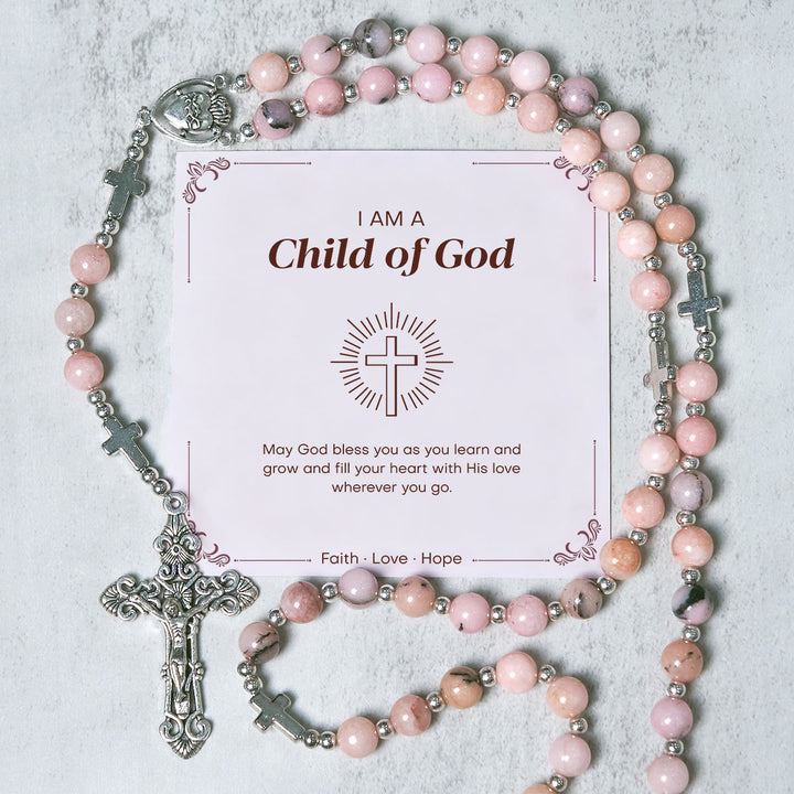 Christianartworkshop FEDE IN PREGHIERA: Rosario fatto a mano con perline rotonde rosa e carta regalo - Figlio di Dio - image 0