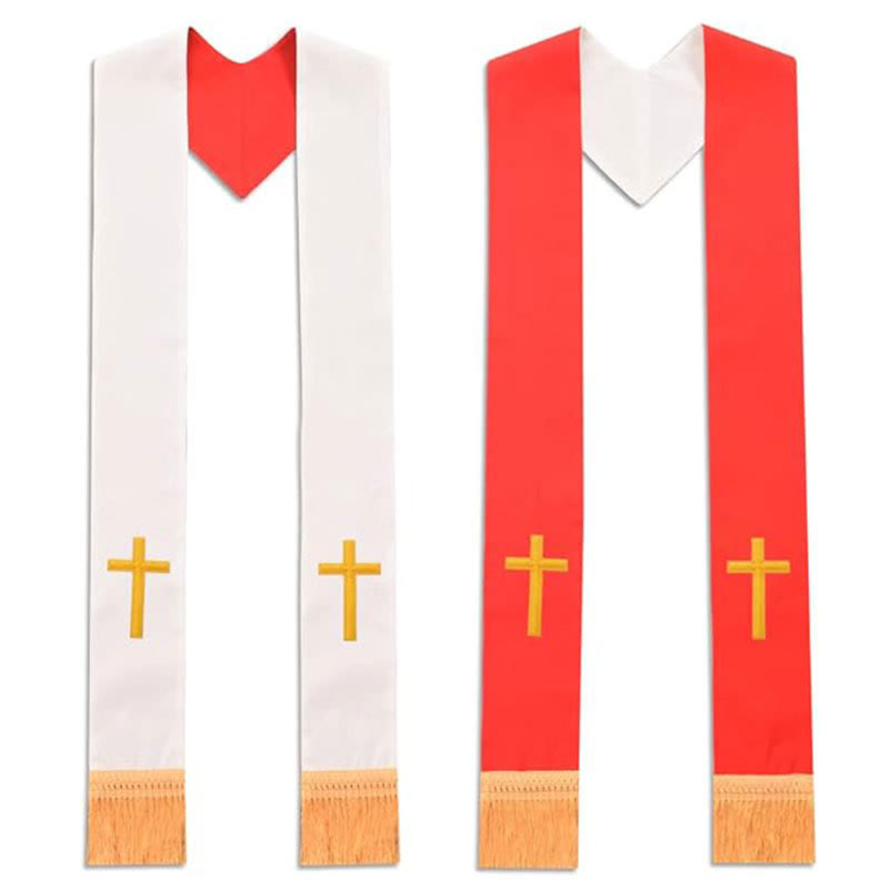 Stola liturgica da clero multicolore con scollo a V e frange decorative per la chiesa, Christianartworkshop. - Rosso e bianco (Croce inferiore) - Liturgia standard (270 cm totali) - image 1