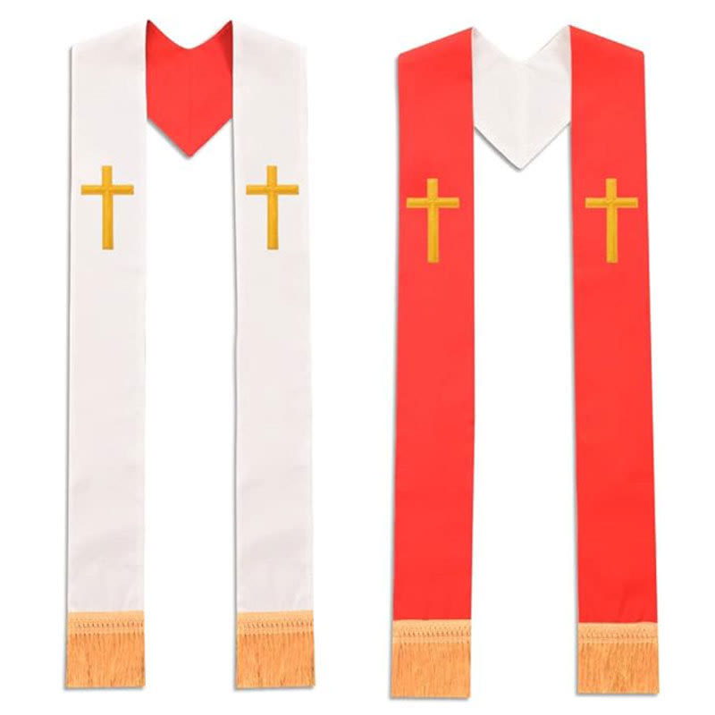 Stola liturgica da clero multicolore con scollo a V e frange decorative per la chiesa, Christianartworkshop. - Rosso e bianco (Croce superiore) - Liturgia standard (270 cm totali) - image 0