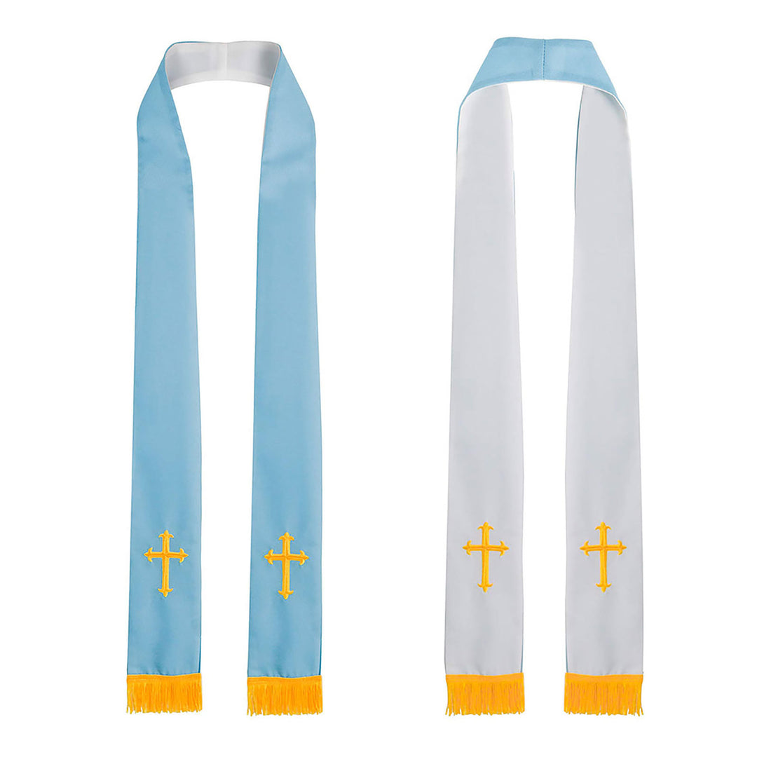 Christianartworkshop Stola liturgica versatile e reversibile in stile colorato per il clero con bordo a nappe dorate - Blu e bianco - Liturgia standard (270 cm totali) - image 0