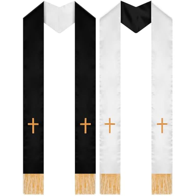 Stola clericale tradizionale multicolore con scollo a V e scollo dritto Christianartworkshop - Bianco e nero (reversibile) - Liturgia standard (270 cm totali) - image 0