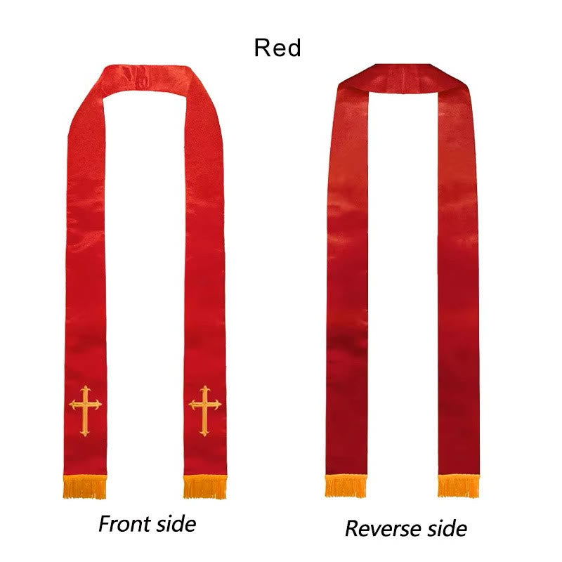 Stola da clero multicolore a collo dritto con elegante bordo a nappe, Christianartworkshop. - Rosso - Liturgia standard (270 cm totali) - image 0
