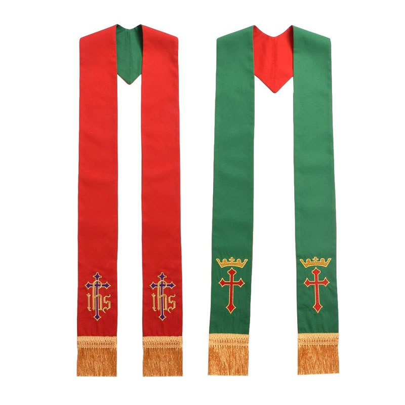 Stola clericale reversibile rossa e verde Christianartworkshop con croce e monogramma IHS - Rosso e verde - Liturgia standard (270 cm totali) - image 0