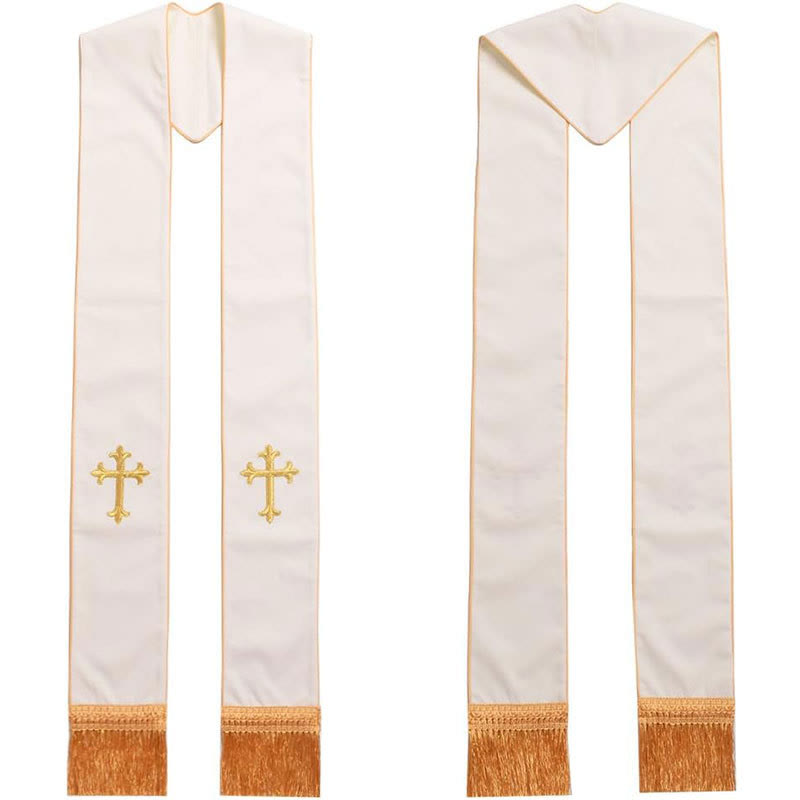 Christianartworkshop: Stola cerimoniale bianca per il clero con croci colorate e frange dorate - Croce d'oro - Liturgia standard (270 cm totali) - image 1