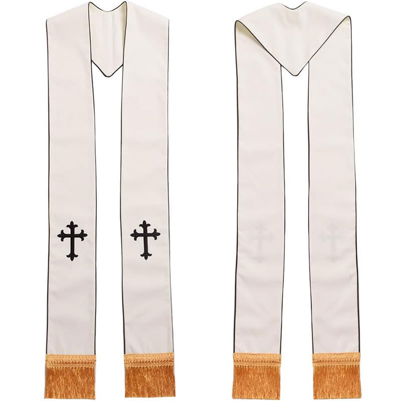 Christianartworkshop: Stola cerimoniale bianca per il clero con croci colorate e frange dorate - Croce Nera - Liturgia standard (270 cm totali) - image 0