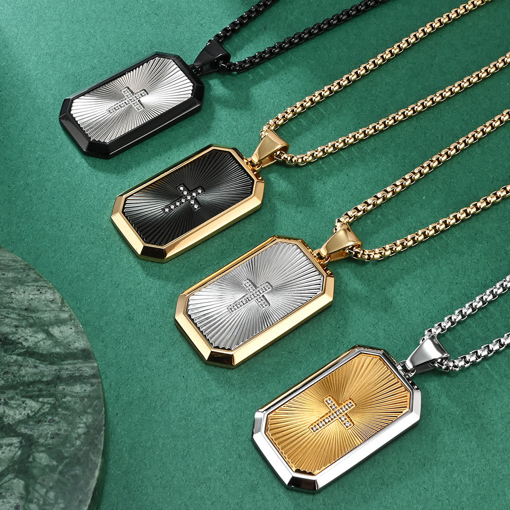 Christianartworkshop Elegante collana con croce bicolore: quattro fedi - Design ispirati - Ciondolo in argento e catena nera - image 0