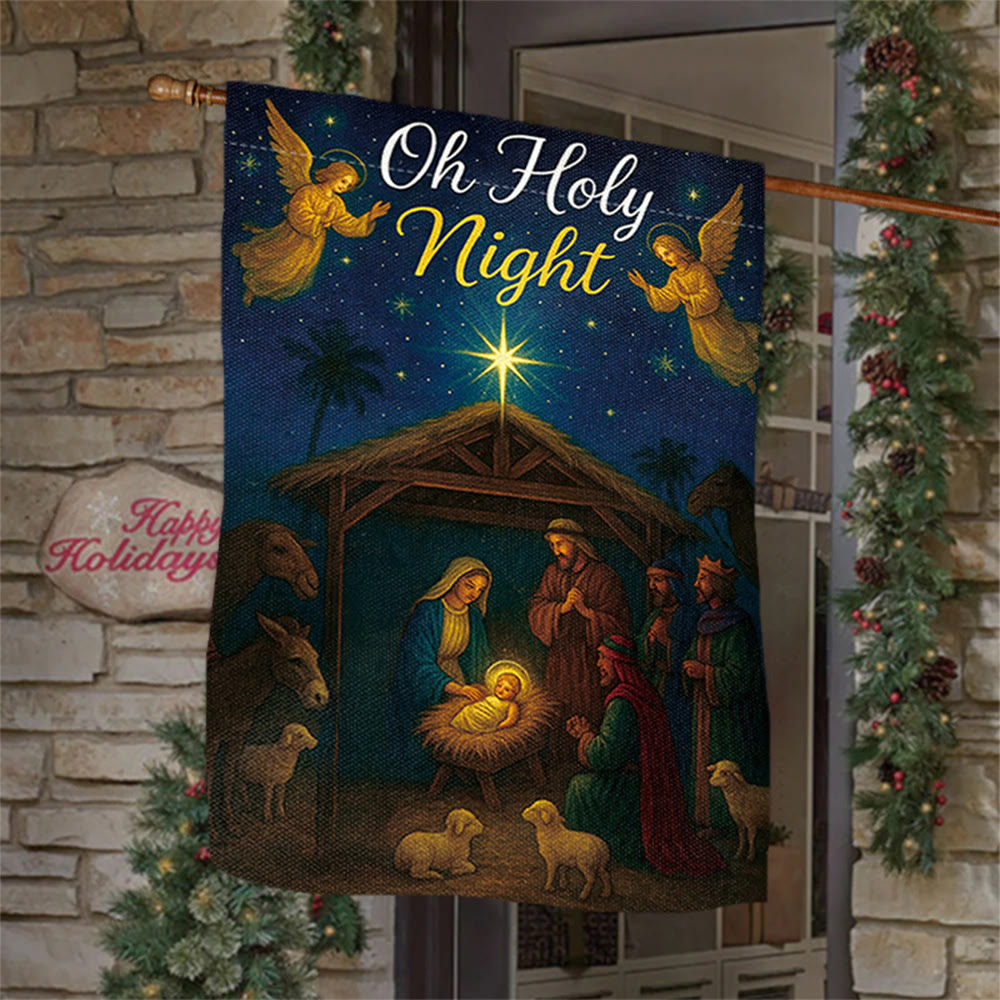 Christianartworkshop Oh Holy Night Natività Bandiera da giardino con angeli e stelle: decorazione natalizia della fede - 90×150 cm (3×5 piedi) - image 0