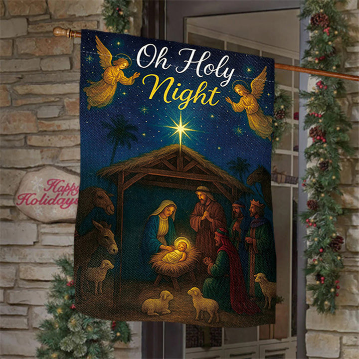 Christianartworkshop Oh Holy Night Natività Bandiera da giardino con angeli e stelle: decorazione natalizia della fede - 90×150 cm (3×5 piedi) - image 0