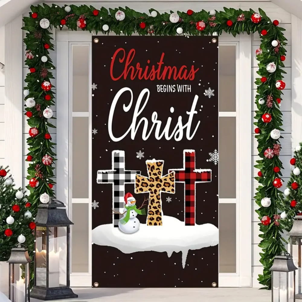 Christianartworkshop Il Natale festivo inizia con Cristo Banner per porta: Croce scozzese/leopardo - 90*180cm - image 0