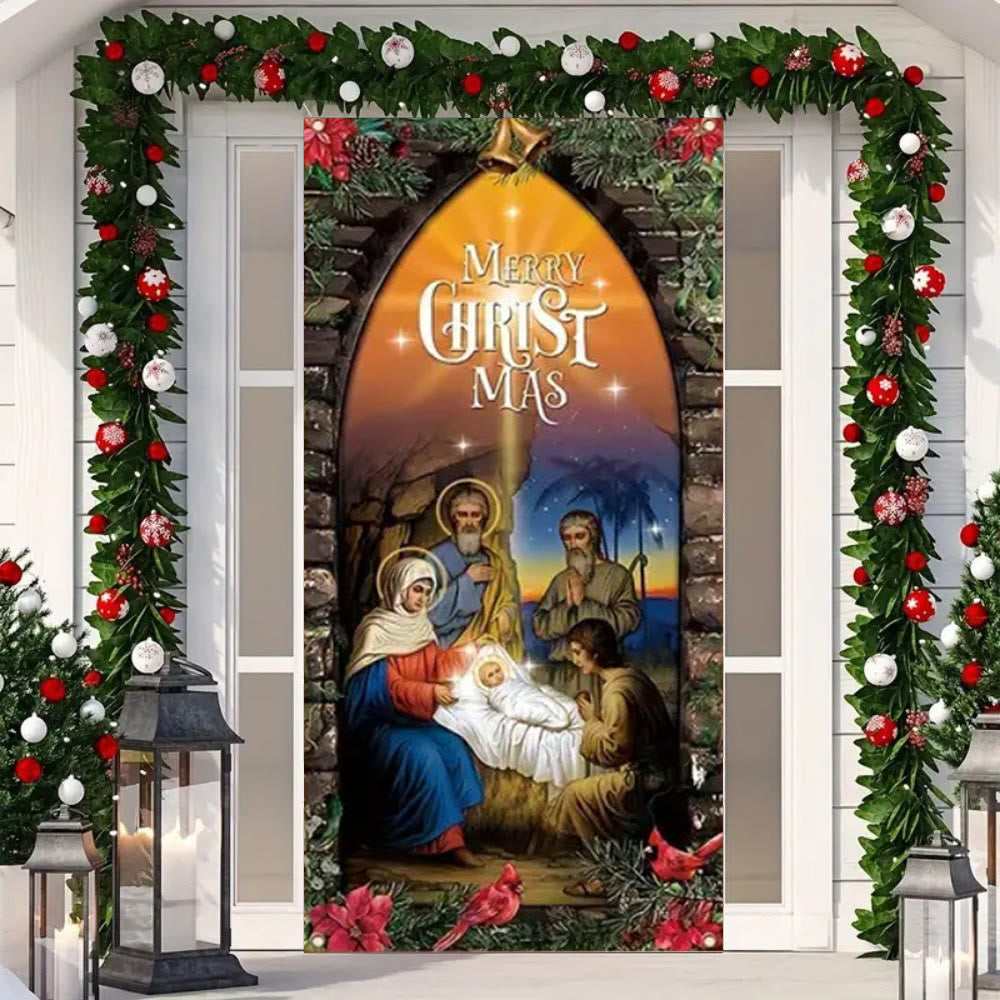 Tenda illuminata per porta della Sacra Famiglia in stile Christianartworkshop : decorazione natalizia della Natività - image 3