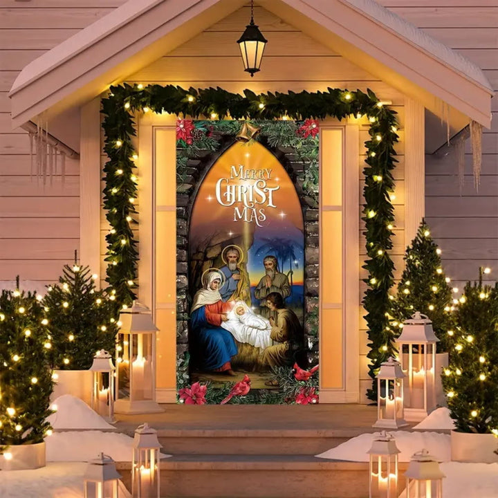 Tenda illuminata per porta della Sacra Famiglia in stile Christianartworkshop : decorazione natalizia della Natività - 90*180cm - image 0