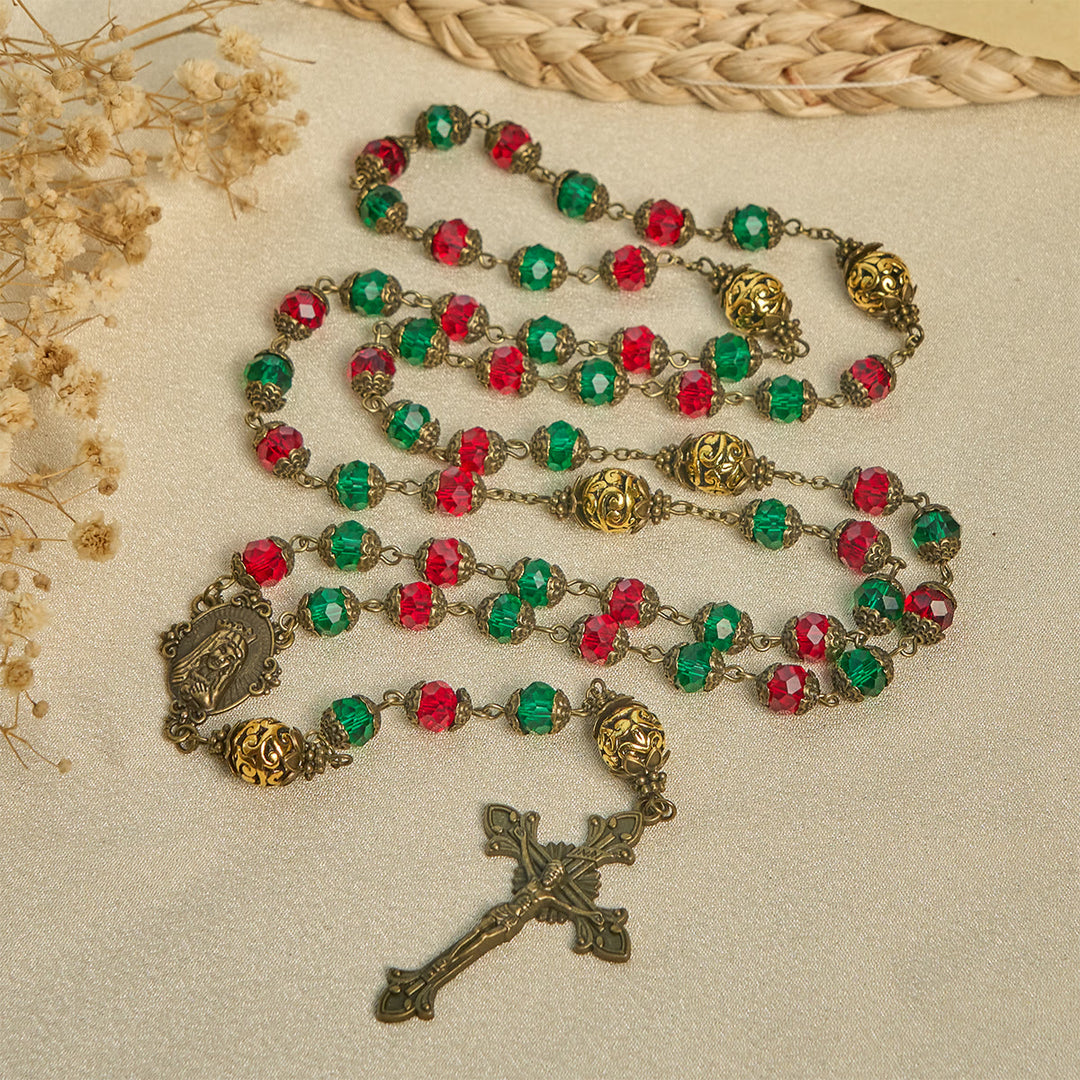 Christianartworkshop Rosario con perline festive rosse e verdi Joy of Christmas con la Vergine Maria - Rosario di Natale - image 0