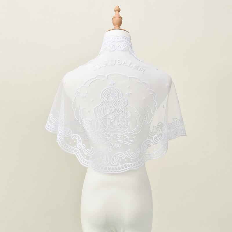 Christianartworkshop Velo da cappella in pizzo bianco e nero con ricamo della Vergine Maria e di Gerusalemme - image 5