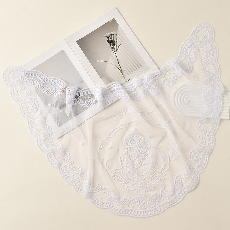 Christianartworkshop Velo da cappella in pizzo bianco e nero con ricamo della Vergine Maria e di Gerusalemme - Bianco - image 4