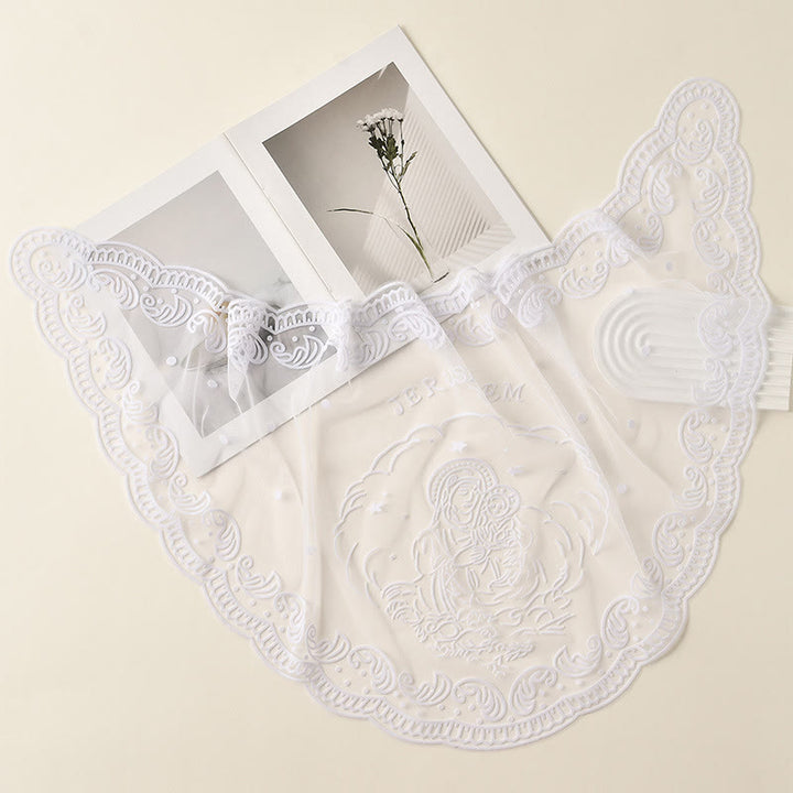 Christianartworkshop Velo da cappella in pizzo bianco e nero con ricamo della Vergine Maria e di Gerusalemme - Bianco - image 4