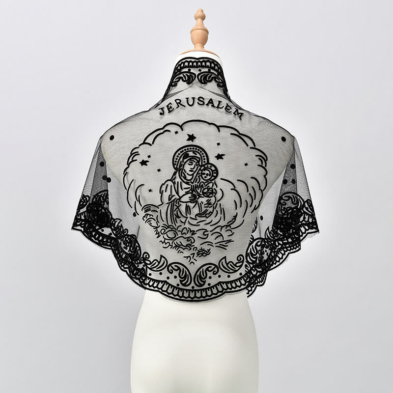 Christianartworkshop Velo da cappella in pizzo bianco e nero con ricamo della Vergine Maria e di Gerusalemme - image 1