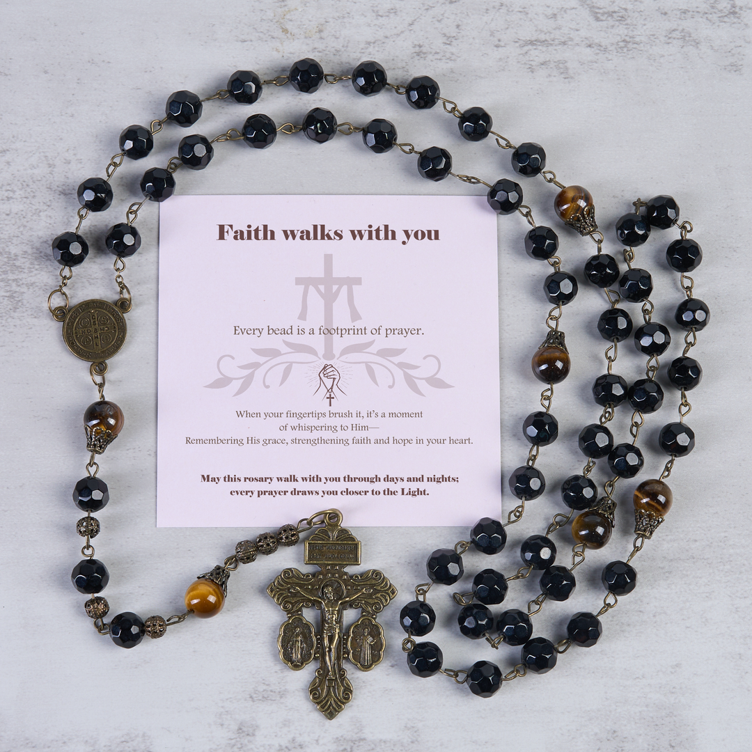 Christianartworkshop "La fede cammina con te" Rosario vintage in perle di ossidiana e occhio di tigre con crocifisso del perdono e San Benedetto - La fede cammina con te - image 0