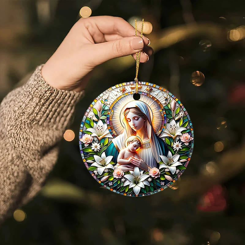 Christianartworkshop Ornamenti natalizi da appendere a forma di stella con ghirlanda floreale della Vergine Maria in stile realistico - Ceramica - image 1