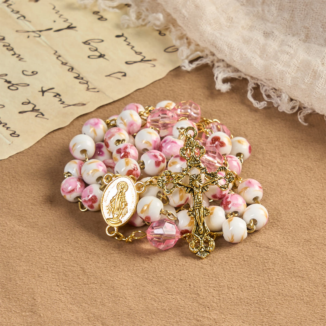 Christianartworkshop Medaglia Miracolosa e Crocifisso con Rosario in Lega di Ceramica Rosa Floreale Rotondo da 8 mm - Rosario della Rosa della Grazia - image 0