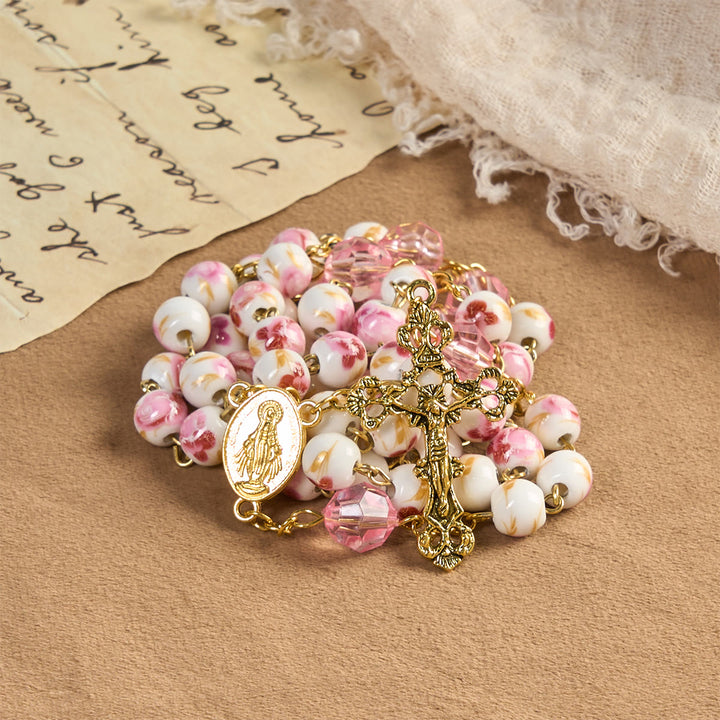 Christianartworkshop Medaglia Miracolosa e Crocifisso con Rosario in Lega di Ceramica Rosa Floreale Rotondo da 8 mm - Rosario della Rosa della Grazia - image 0