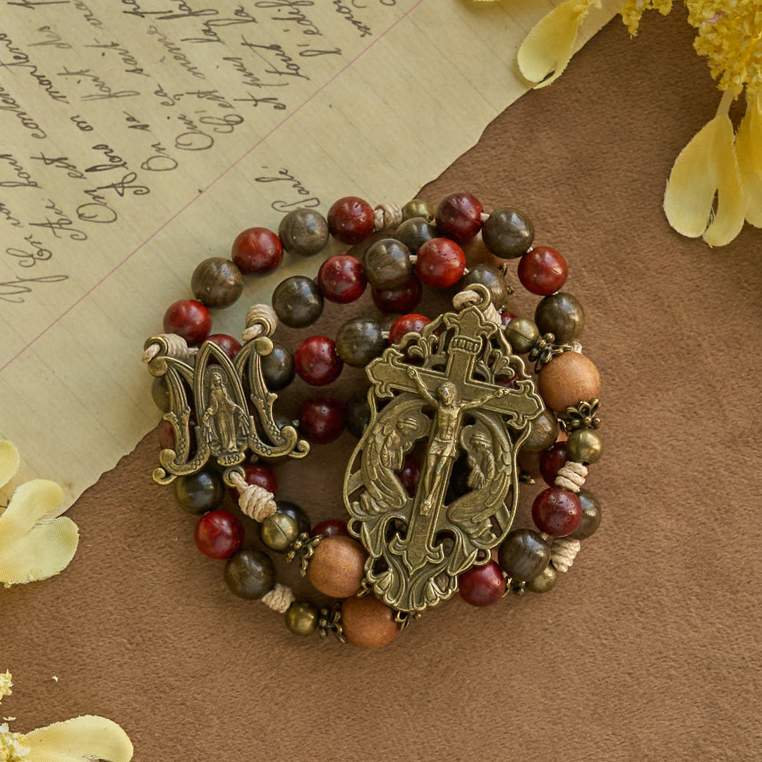 Christianartworkshop Rosario in legno tradizionale in stile natalizio: grani terrosi e crocifisso in bronzo - image 8