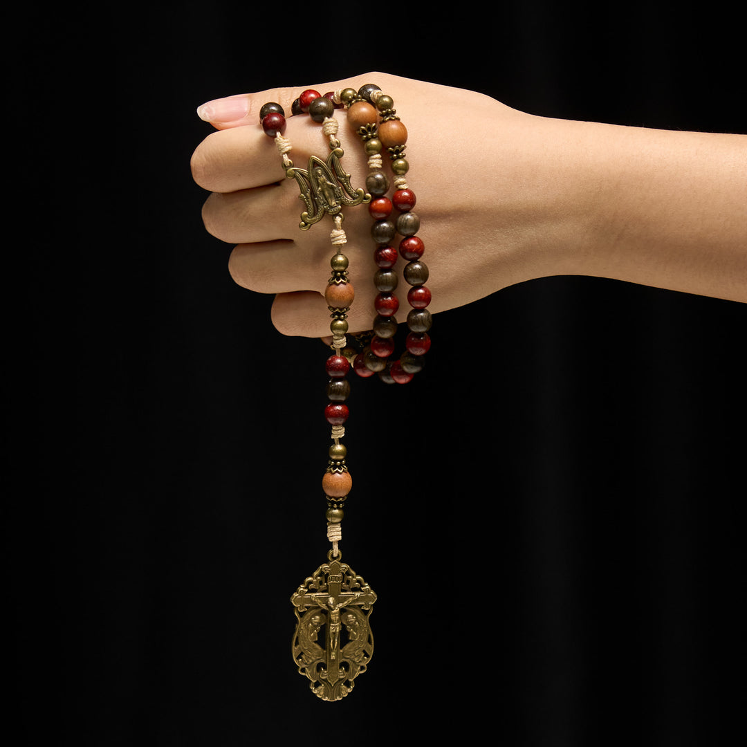Christianartworkshop Rosario in legno tradizionale in stile natalizio: grani terrosi e crocifisso in bronzo - image 1