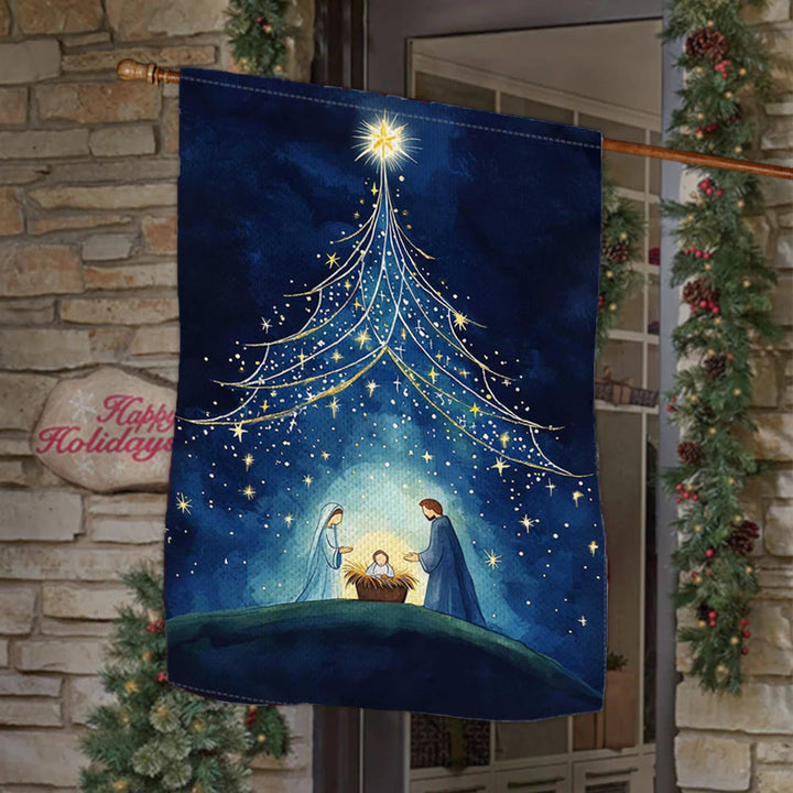 Bandiera da giardino della Natività della Notte Santa Christianartworkshop : albero stellato e decorazione a forma di stella di Betlemme - 90×150 cm (3×5 piedi) - image 0