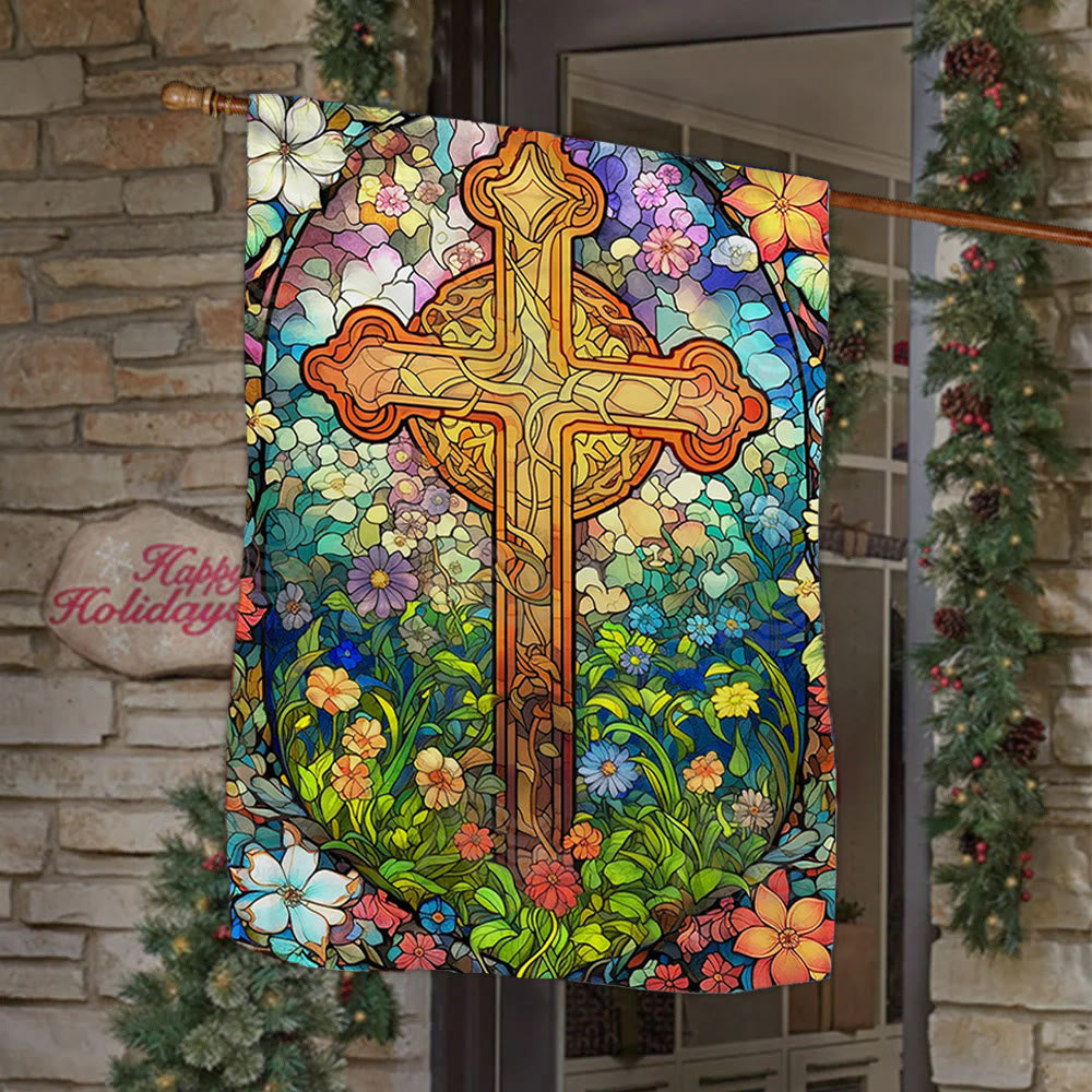 Christianartworkshop Floral - Bandiera da giardino con croce macchiata e cerchiata: decorazione religiosa per il cortile - 90×150 cm (3×5 piedi) - image 0
